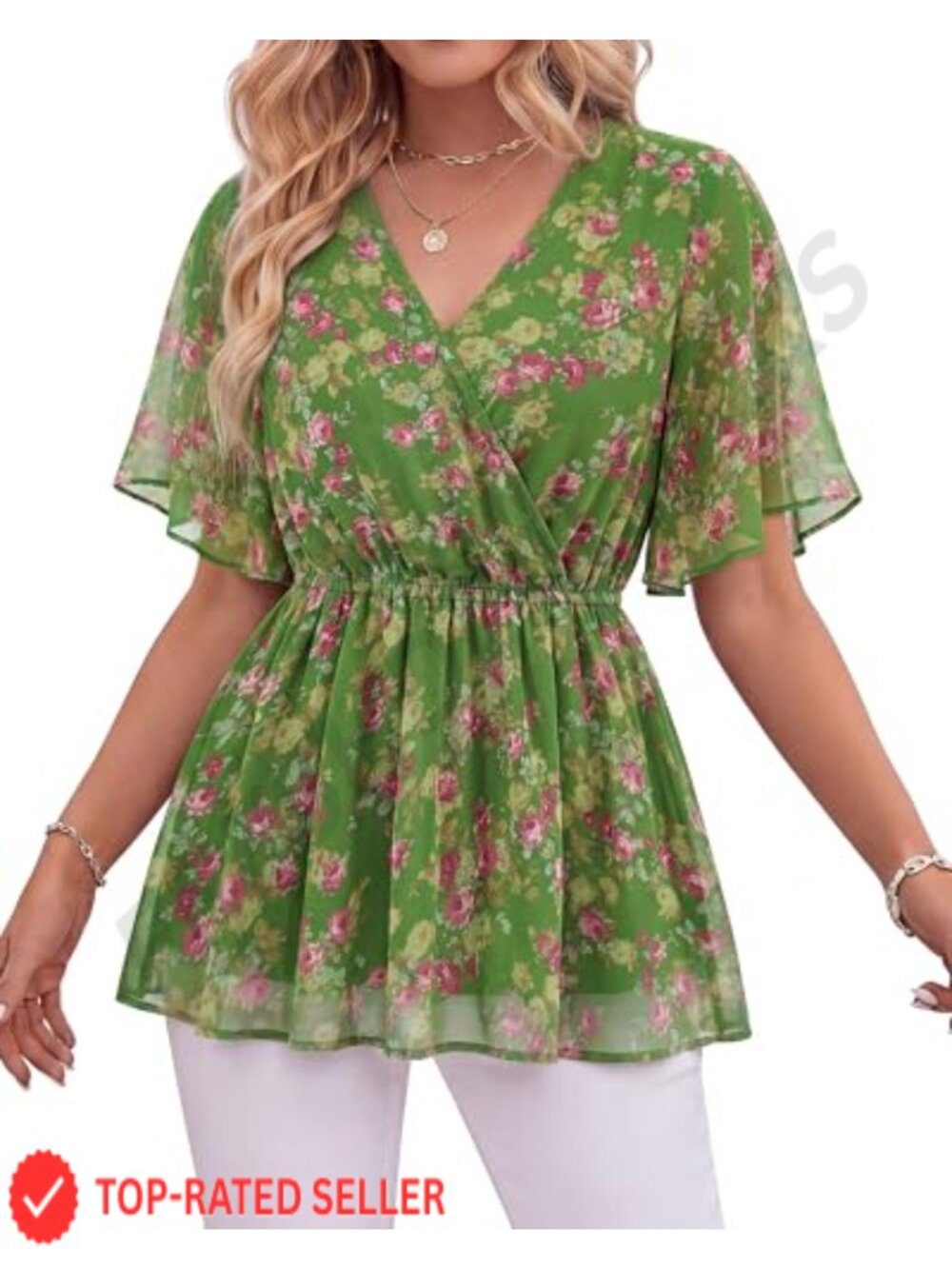Womens V-Neck Peplum Blouse Ruffle Sleeve Chiffon Flowy Top